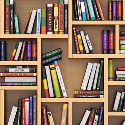 Education concept. Books and textbooks on the bookshelf.