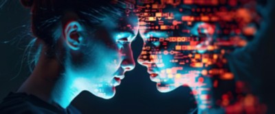 woman staring into eyes of AI-enabled image of her, Intelligent Operations | DXC Technology