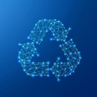 Blue recycle symbol in a square