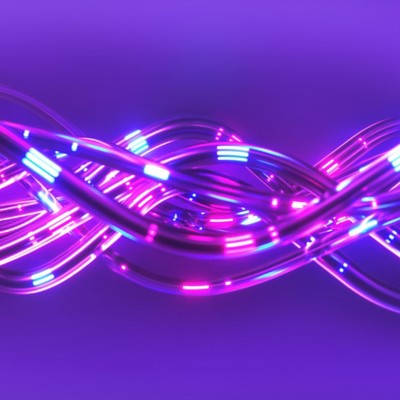 3d render, abstract background, pink blue neon light impulse going through cables, big data transfer, network