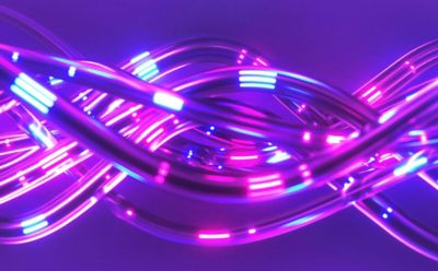 3d render, abstract background, pink blue neon light impulse going through cables, big data transfer, network