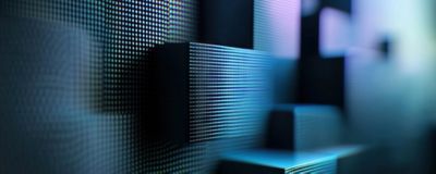 Abstract blue square shapes, Hogan enterprise platform aids operational efficiency in financial services | DXC Technology Platforms 