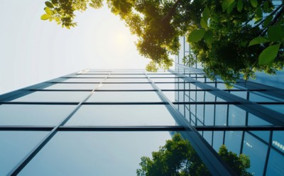 Sustainable glass office building in modern city with green design, surrounded by trees for reducing carbon dioxide. Ecofriendly architecture and innovative corporate for a better environment.