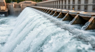 Water rushing out of open gates of a hydro electric power station, SAP ASUG Utilities event | DXC Technology Events