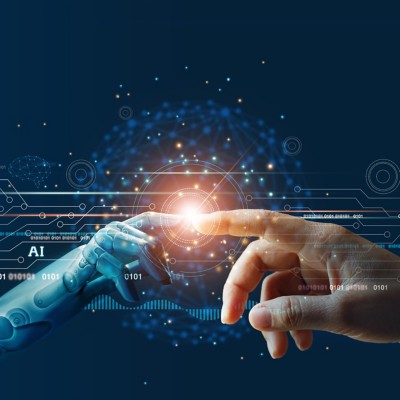 AI, Machine learning, Hands of robot and human touching on big data network connection background, Science and artificial intelligence technology, innovation and futuristic.
