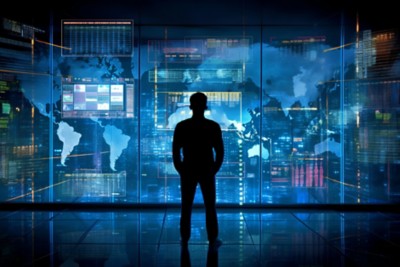 The silhouette of a person standing in front of a large digital screen with a global data flow showing various cyber threats and vulnerabilities, Generative AI, The silhouette of a person standing in front of a large digital 