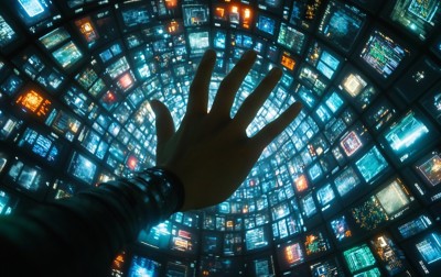 A hand reaches out towards a digital screen filled with data, representing the vast amount of information available today.