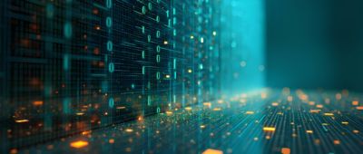 Flowing stream of binary code in green and yellow hues, representing capability debt in Insurance | DXC Technology