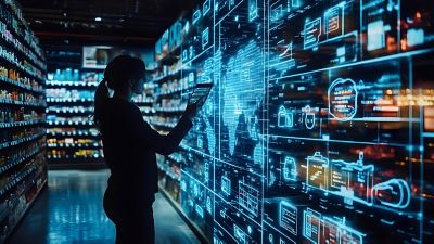 Woman using digital interface in supermarket, showing global data analytics for retail business | DXC Technology