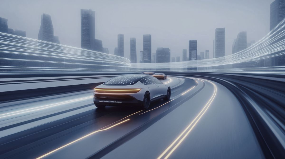 Futuristic autonomous vehicle speeding on city highway, User Experiences | DXC Technology