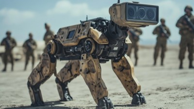 A military robotic dog equipped with surveillance cameras, representing integrated innovation, Aerospace & Defense | DXC Technology Insights