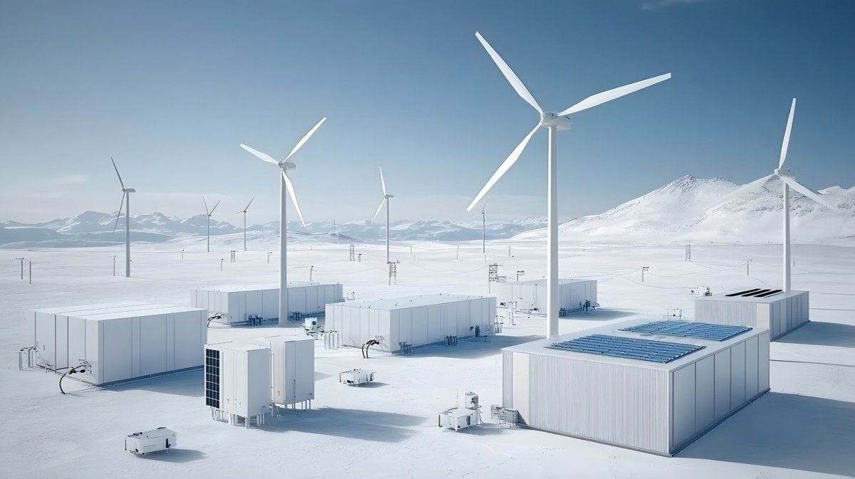 Futuristic visualization of a centralized renewable energy grid system featuring a network of wind turbines solar panels and battery storage infrastructure 