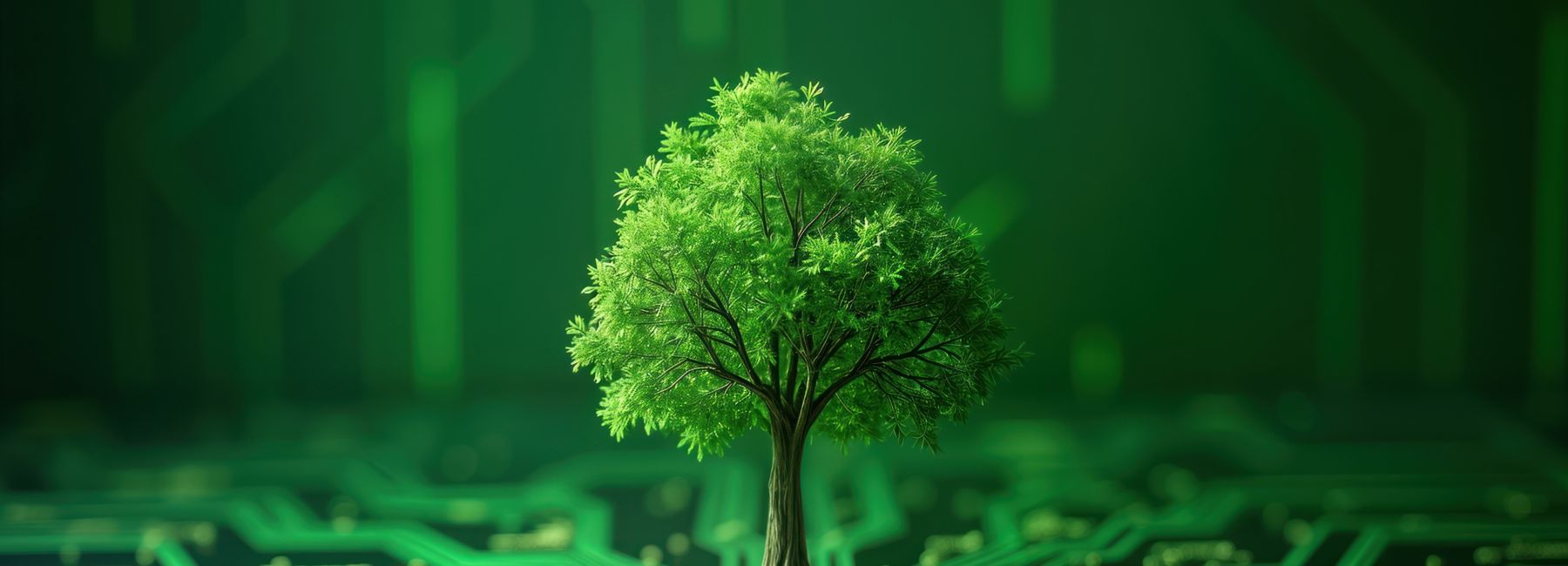 Tech drives sustainability, depicted by circuit board with tree, Dell Technologies | DXC Technology