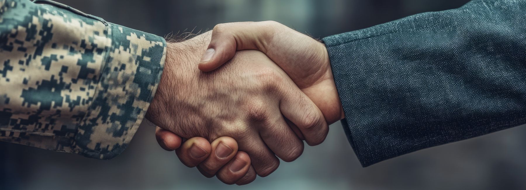 Military and private business person shake hands, representing how collaboration builds capability and culture to meet defense mission needs, Aerospace & Defense | DXC Technology Insights 