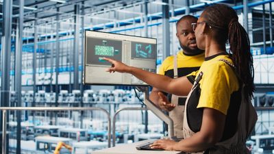 Two designers reviewing material data system in Smart Factory, sustainable manufacturing solutions | DXC Technology 