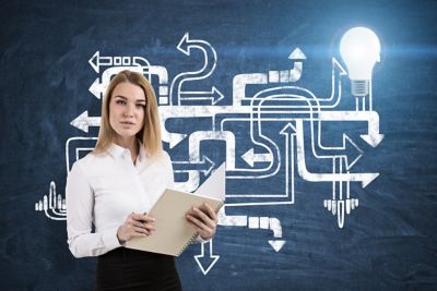 Woman displaying process graphics at presentation, Cloud Migration Services | DXC Technology