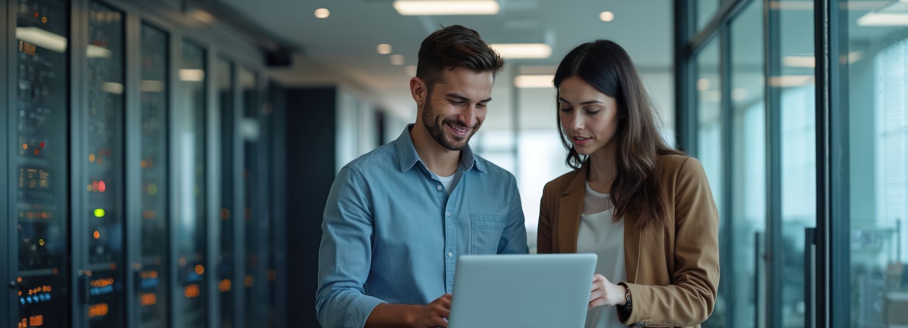 Two professionals reviewing a laptop together, collaborating on a successful Salesforce migration process to ensure data integrity and a seamless transition.