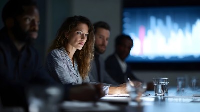 A group of executives analyzing market data in a digital boardroom long title A team of business professionals gathered in a