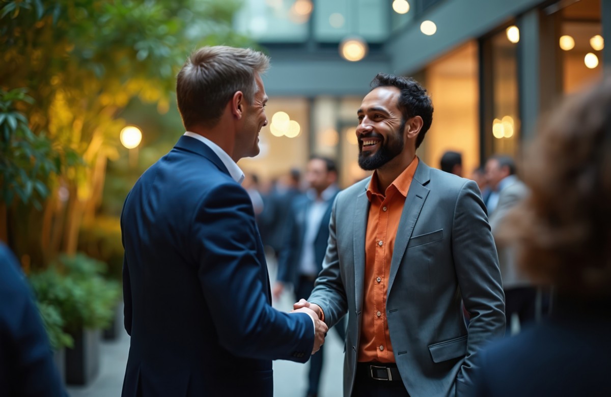Two men in suits shake hands warmly. They smile at a business event, forming a connection. Meeting new people networking for partnership and career growth.