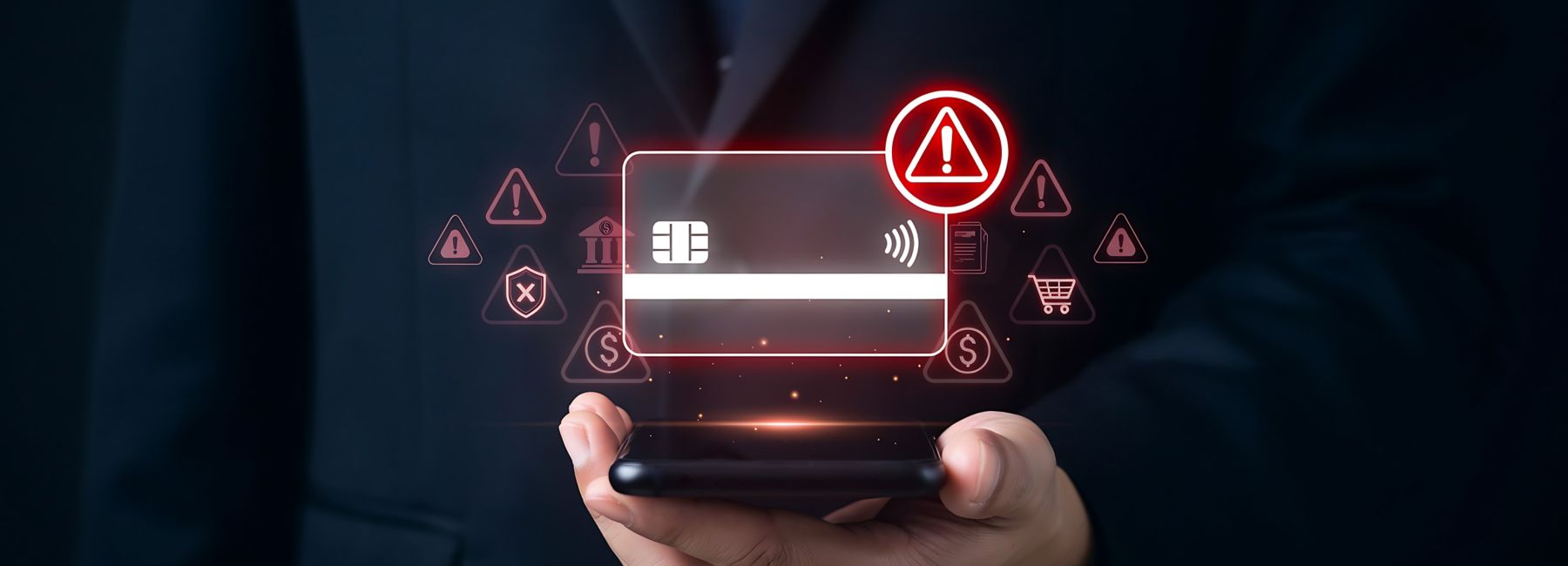 AI scam prevention and banking fraud protection with a digital payment card and warning symbols