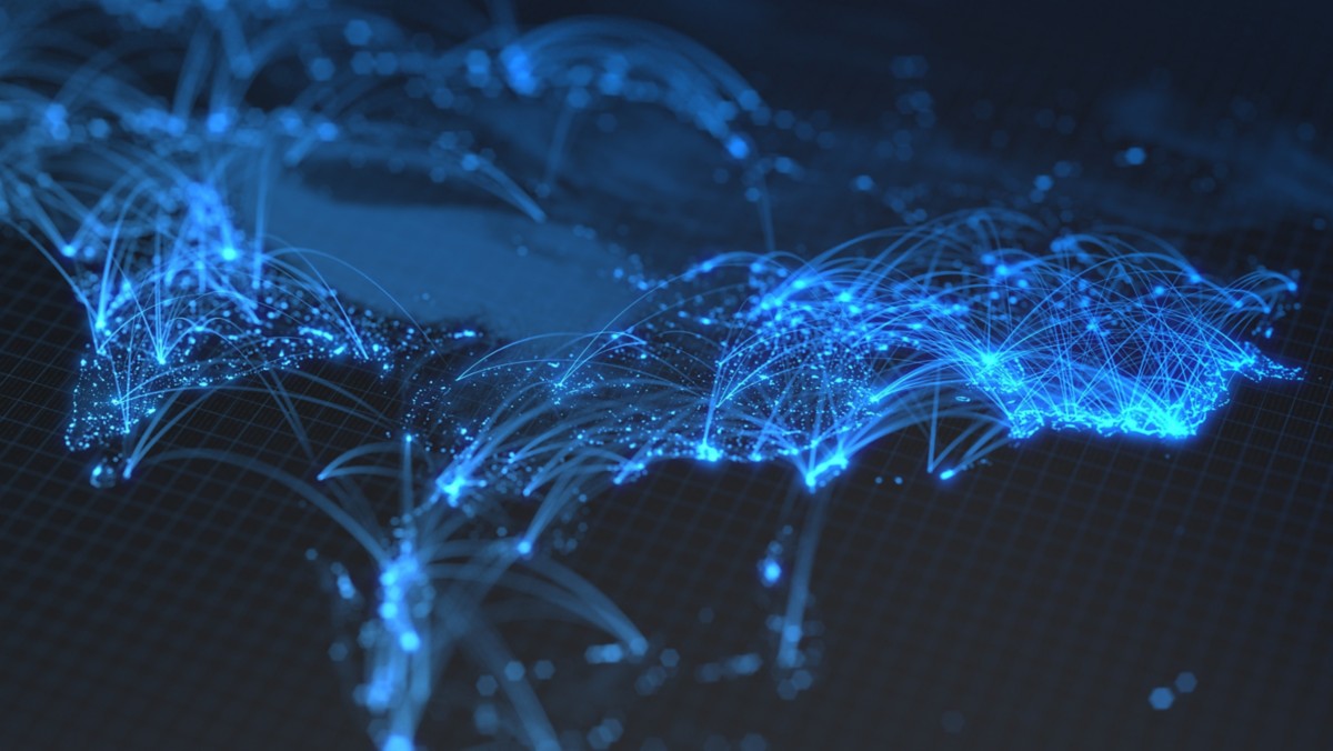 glowing city and human population density areas with bouncy line connections between them. view of asia. suitable for technology, future and science themes. 3d illustration