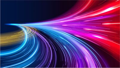 Magenta, pink and turquoise streams of light in a curved pattern on a dark bacground, Intelligent Boost | DXC Technology