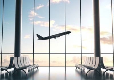 Airport with big window and airplane flying in sky. Travel and transportation concept. 3d rendering
