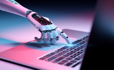 Robotic cyborg hand pressing a keyboard on a laptop 3D rendering