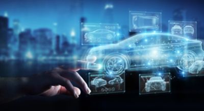 Man hand holding and touching holographic smart car interface projection 3D rendering | DXC Technology