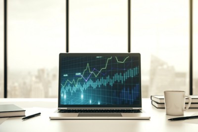 Modern computer screen with abstract creative financial chart, research and analytics concept. 3D Rendering