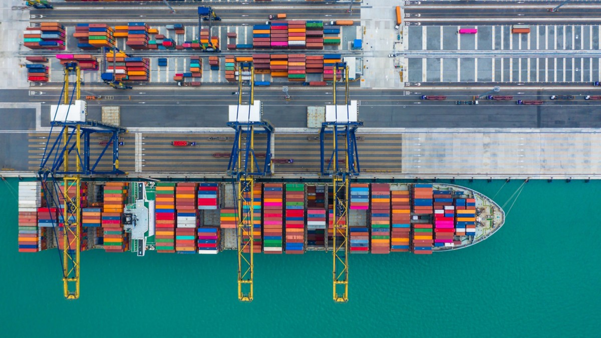 Container ship business freight import export logistic and transportation by container ship, Aerial view, Aerial top view container cargo ship in import export business commercial trade logistic.
