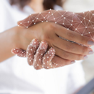 close up on businesswoman hand shaking with robotic AI hologram to confirm and dealing for business and technology innovation of RPA concept, close up on businesswoman hand shaking with robotic AI hologram 