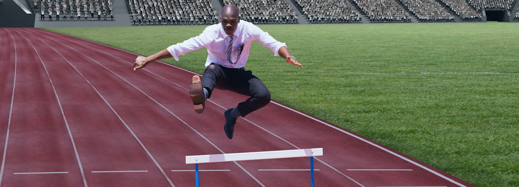 businessman jumping over hurdle on track, Modern Workplace | DXC Technology Insights