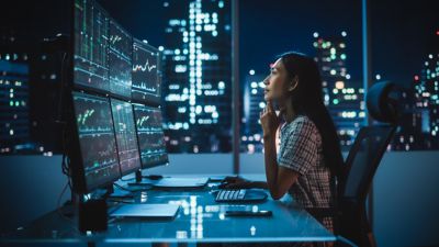 Purple data points in light against dark background, Trading Platform Health Check | DXC Technology
