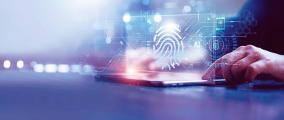 Businessman using tablet and fingerprint scanning unlock and access to business data network. Biometric identification and cyber security protect business transaction from online digital cyber attack.