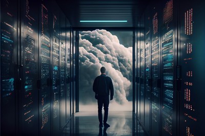 futuristic Big Data Center with chief manage and cloud service of information ai technology abstract background. Information Digitalization Starts. SAAS, Cloud Computing, Web Service. Data center infrastructure concept. Digital art illustration. 