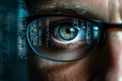 Close-up of Eyes and Glasses with Tech Reflection, Cyber Security Concept, AI Generative , Close-up of Eyes and Glasses with Tech Reflection, Cyber Securit
