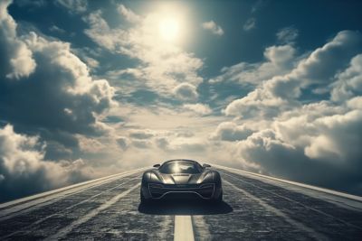 Sports car on a sunny day with blue sky and fluffy white clouds, hybrid cloud, data management in automotive | DXC Technology