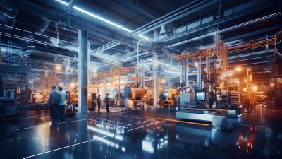 Futuristic concept image of a smart factory. with AI, IoT and robotics in manufacturing, IoT & Digital Twin | DXC Technology