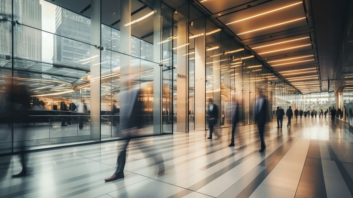 Business professionals walking through a modern corporate office, representing enterprise Databricks consulting services | DXC Technology