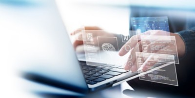 AI Artificial Intelligence. Business man using AI technology for data analysis, coding computer language with digital brain, machine learning on virtual screen, business intelligence