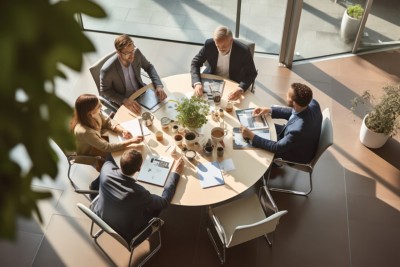 aerial shot of round table with researchers office meeting engaged in a brainstorming session, showcasing collaboration