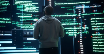 Back View of Young Black Man Looking Towards a Big Digital Screens Glitching While Displaying Code Lines. Worried Professional Programmer Fixing a Software Bug, Dealing with Crashing System
