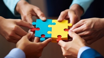 People holds in hand a jigsaw puzzle. Business solutions, success and strategy. Generative AI