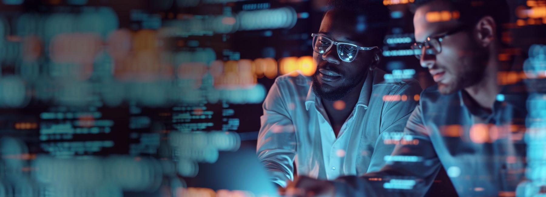 two male software engineers reviewing code on a screen 