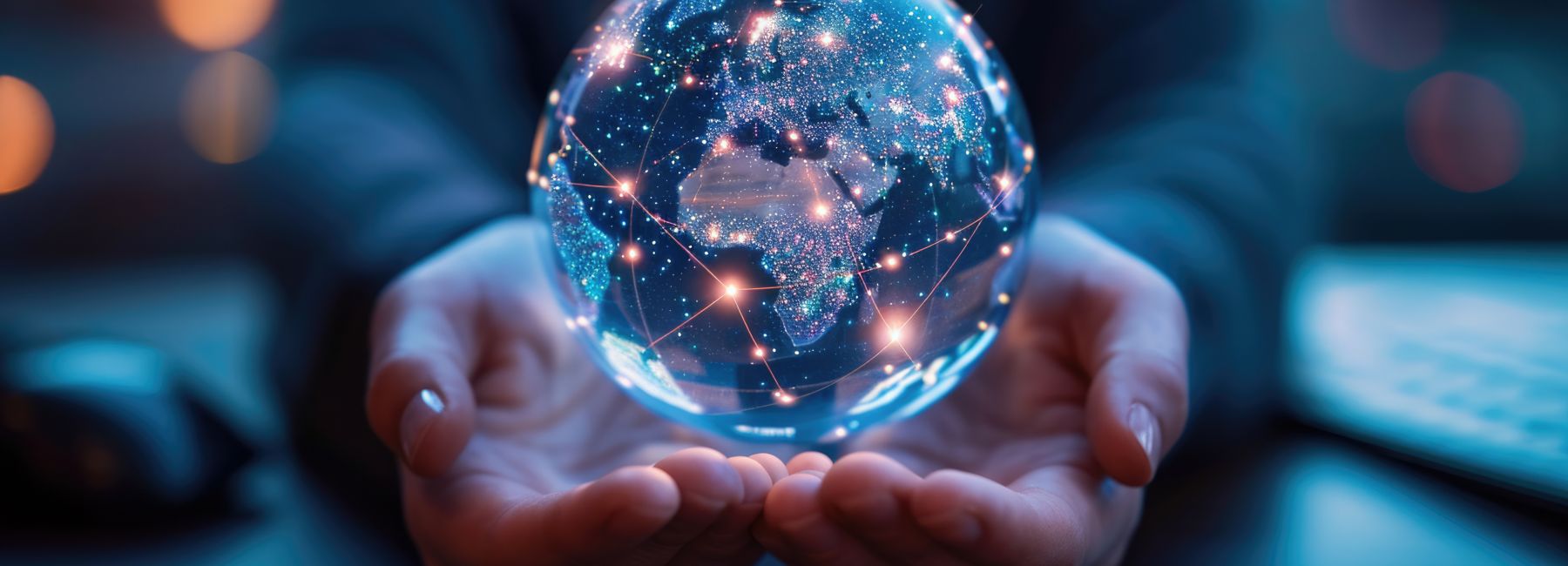 Hands holding transparent globe with digital connections - Five security trends shaping the future | DXC Technology Insights