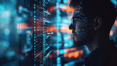 Digital data reflected back on face of man viewing screen - Five security trends shaping the future | DXC Technology Insights