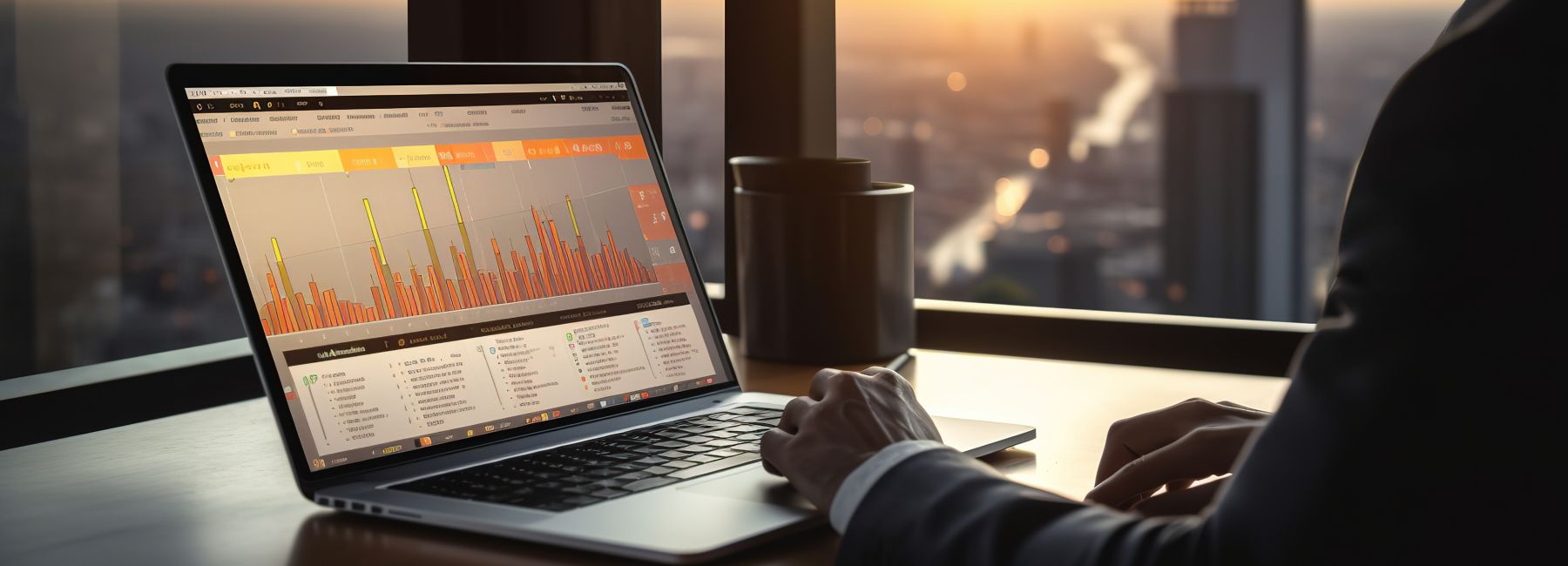 Business professional analyzing real-time reporting data to improve financial services governance and regulatory compliance.