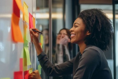 Energetic businesswoman brainstorming with sticky notes on glass