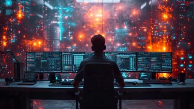 Male software engineer sitting at four computer screens by office window in city at night, Data Engineering | DXC Technology